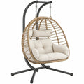 Eivormige hangstoel met standaard van PE-rattan en staal, 105 x 105 x 195 cm, Zwart/Naturel/Crème