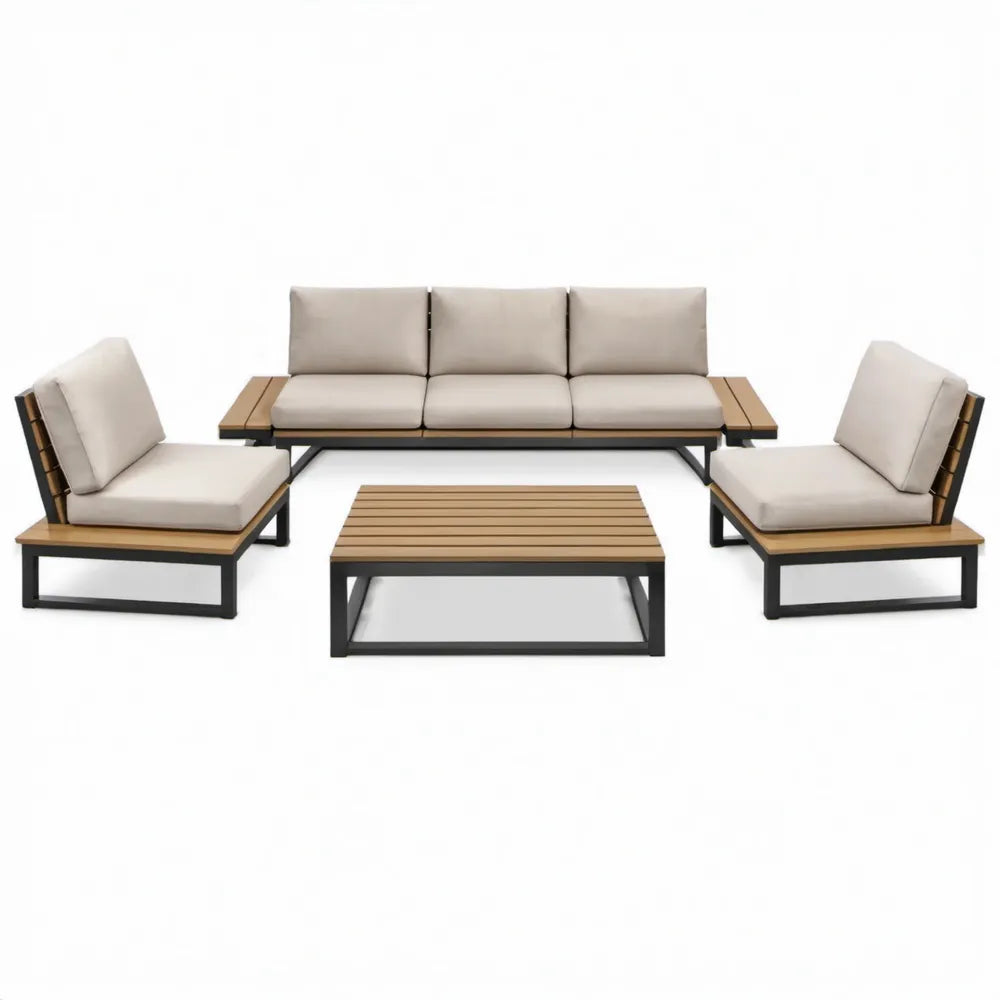 5-delige tuinloungeset met 3-zitsbank, 2 fauteuils en salontafel, beige/bruin/zwart, 210 x 75 x 73 cm