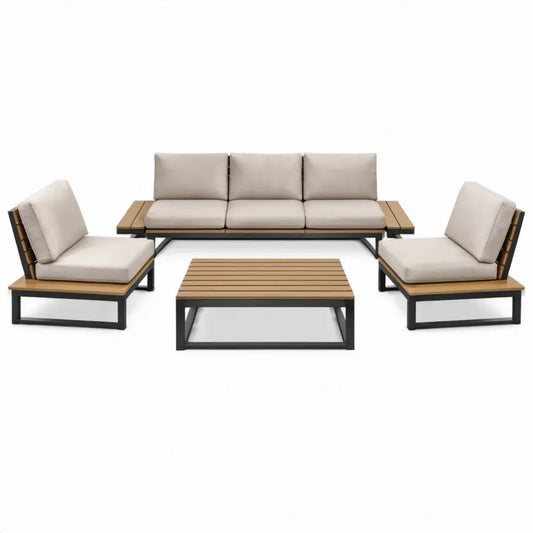 5-delige tuinloungeset met 3-zitsbank, 2 fauteuils en salontafel, beige/bruin/zwart, 210 x 75 x 73 cm