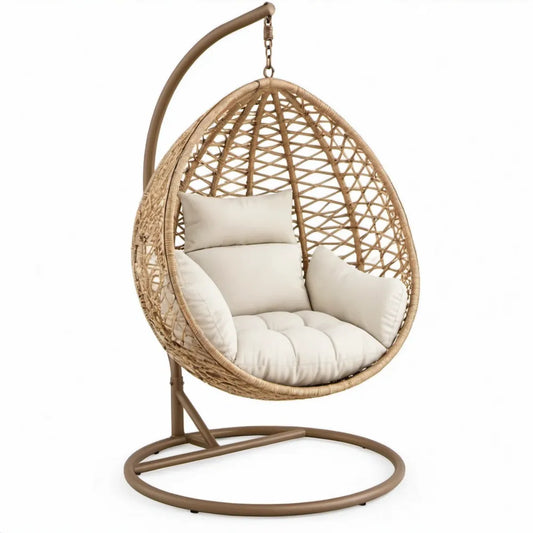 Beige/Bruine eivormige hangstoel met standaard en kussens, 105 x 105 x 195 cm