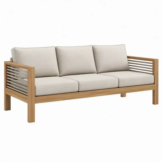 3-zits tuinbank van massief acaciahout met beige polyester kussens, 205 x 75 x 75 cm