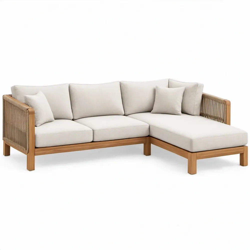 Tuinloungehoekbank met rechter chaise longue, acaciahout en kussens, 250 x 160 x 75 cm, naturel/beige/gebroken wit