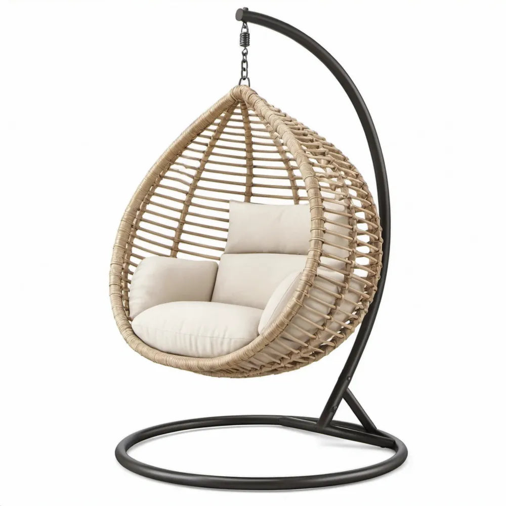 Eivormige hangstoel met standaard en kussens, 105 x 105 x 198 cm, beige/crème/zwart