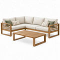 Hoekloungeset met salontafel 218 x 218 cm van naturel acaciahout met crèmekleurige kussens