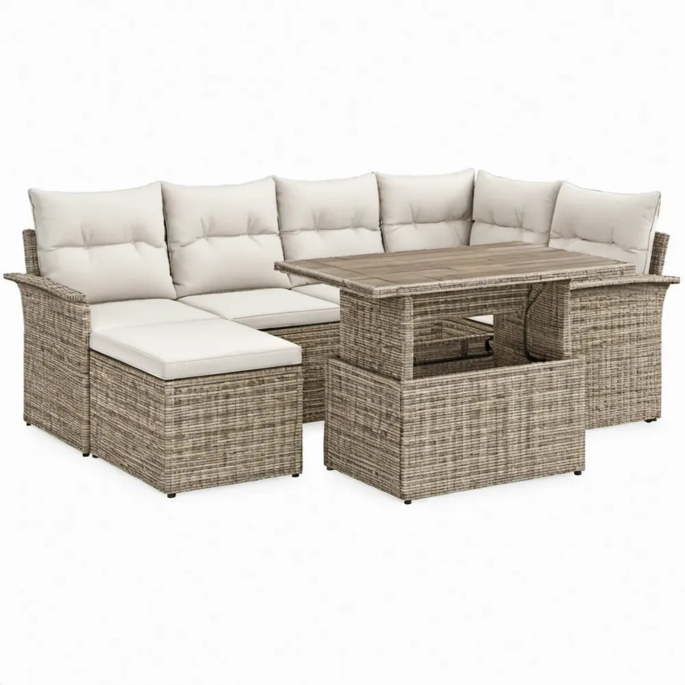 6-delige hoekloungeset met eettafel en poefs, 240 x 180 x 88 cm, Grijs/Beige