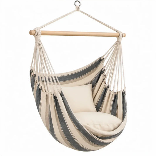 Ovale hangstoel met spreidstok 130 x 100 cm in crème en antraciet